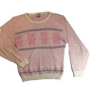 Vintage Arielle Pink Teddy Bear Knit Sweater Bow Pattern Crew Neck Made in USA